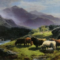 Highland Cattle Grazing by a Mountain Stream by William Watson