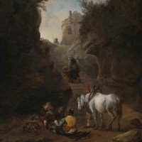 Peasants Playing Cards by a White Horse in a Rocky Gully by Philips Wouwerman