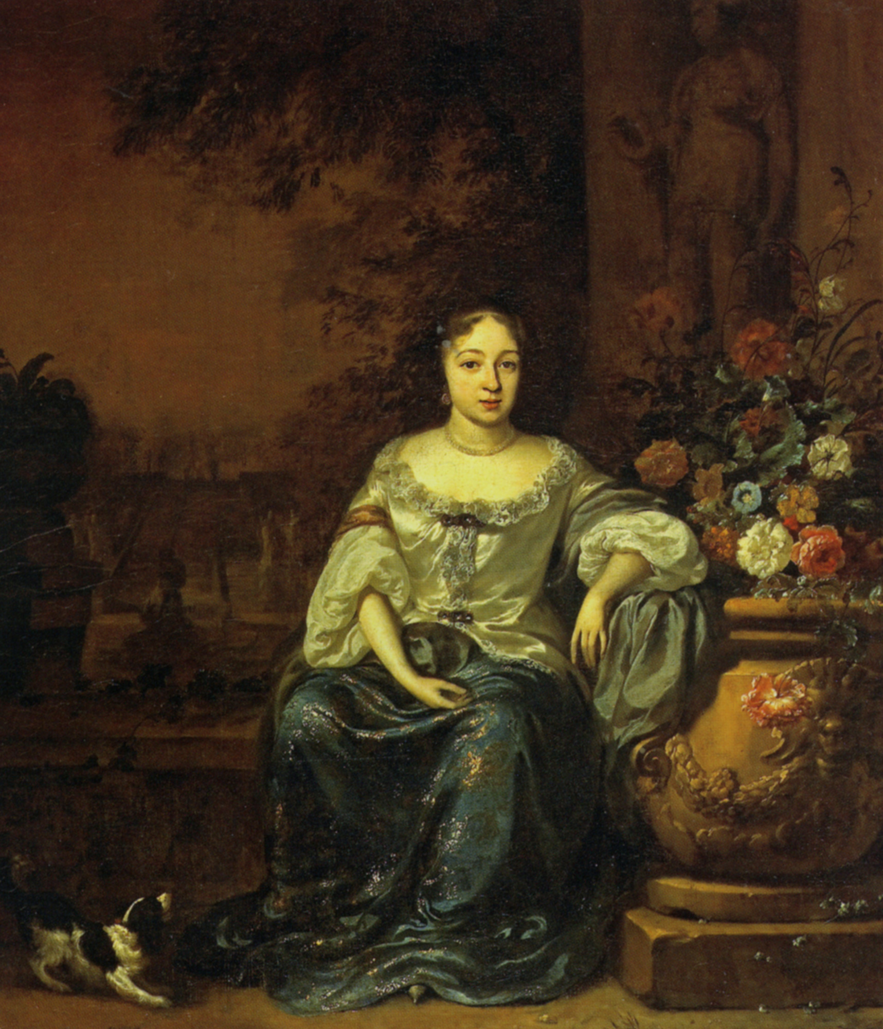 Portrait-of-a-Lady-Seated-in-a-Garden-with-her-Dog-by-Jan-Weenix