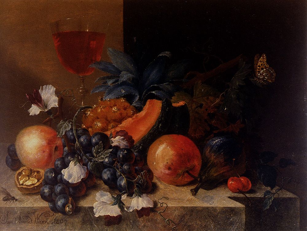 Still Life Of Fruit And Nuts With A Wine Glass All Resting On A Ledge by Johann Amandus Wink