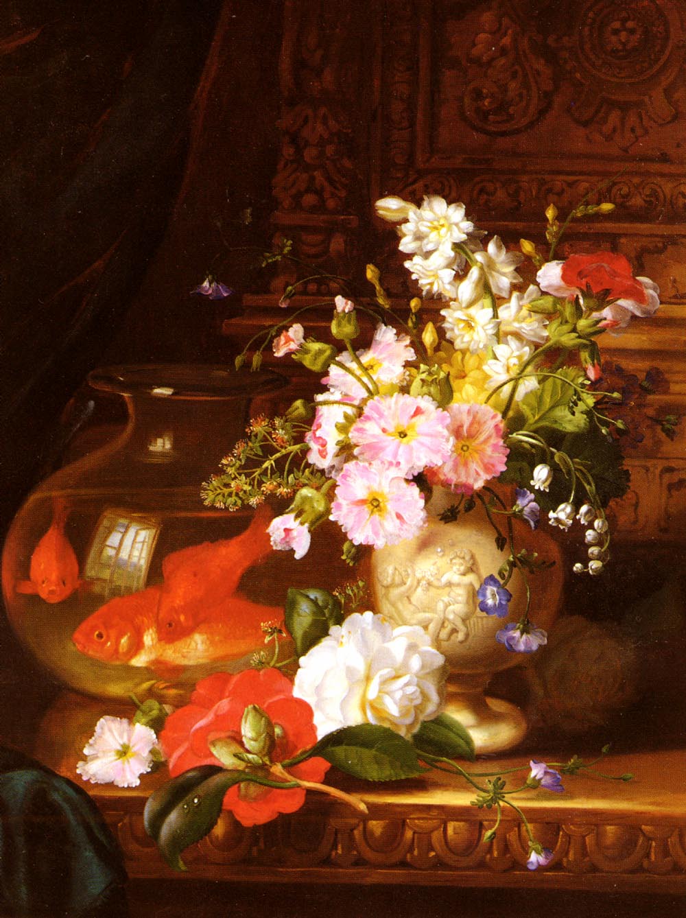 Still Life With Camellias Primroses And Lily Of The Valley In An Urn By A Goldfish Bowl by John Wainwright