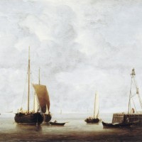 A Dutch Hoeker at Anchor near a Pier by Willem van de Velde the Younger