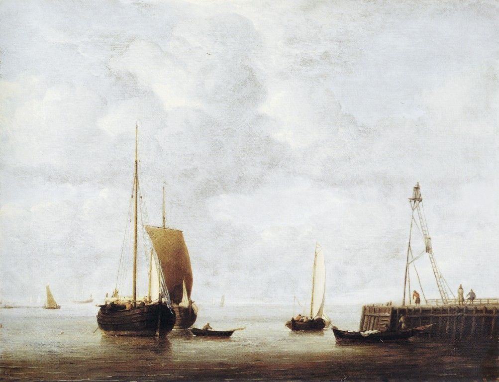 A Dutch Hoeker at Anchor near a Pier by Willem van de Velde the Younger