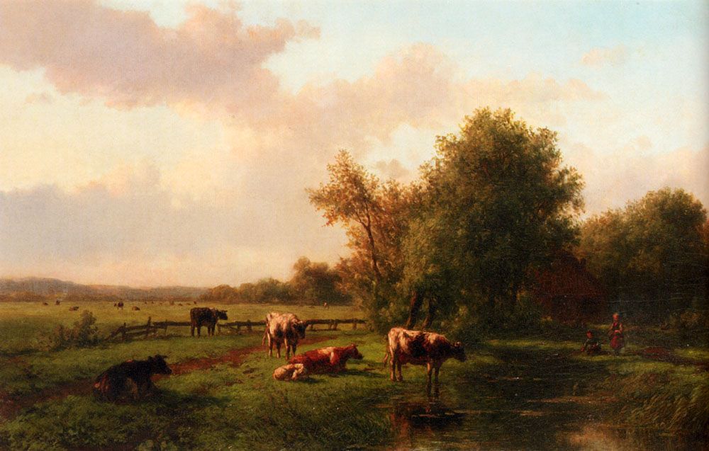 A Landscape With Cows On A Riverbank A Farm Beyond by Willem Vester