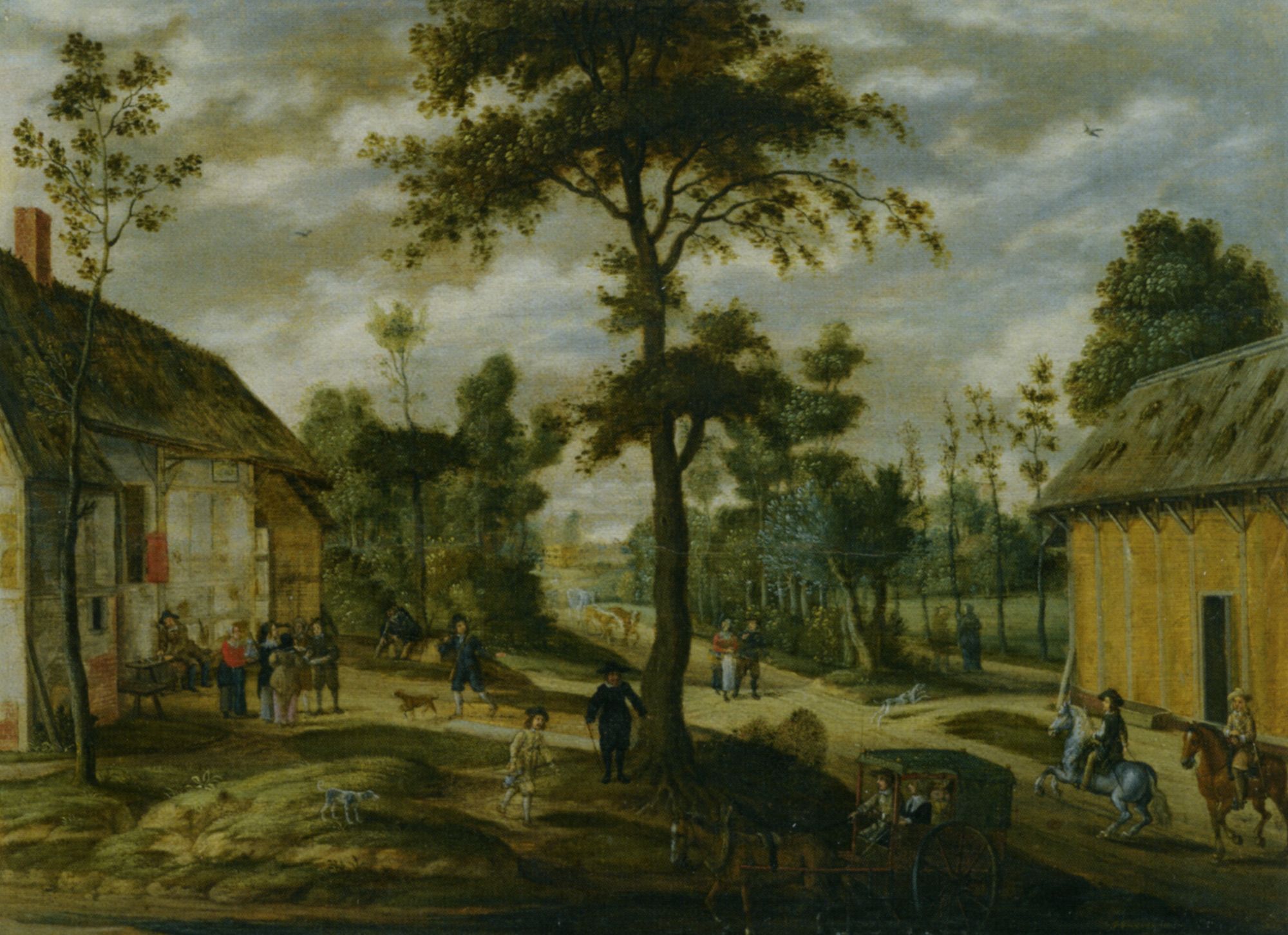 A Village Scene Outside an Inn with Two Horsemen and a Carriage Halted in the Foreground by Isaac van Oosten