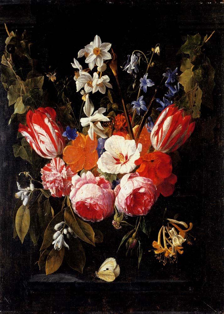 A swag of tulips peonies carnations narcissi and other flowers with a butterfly in a stone niche by Nicolaes Van Veerendael