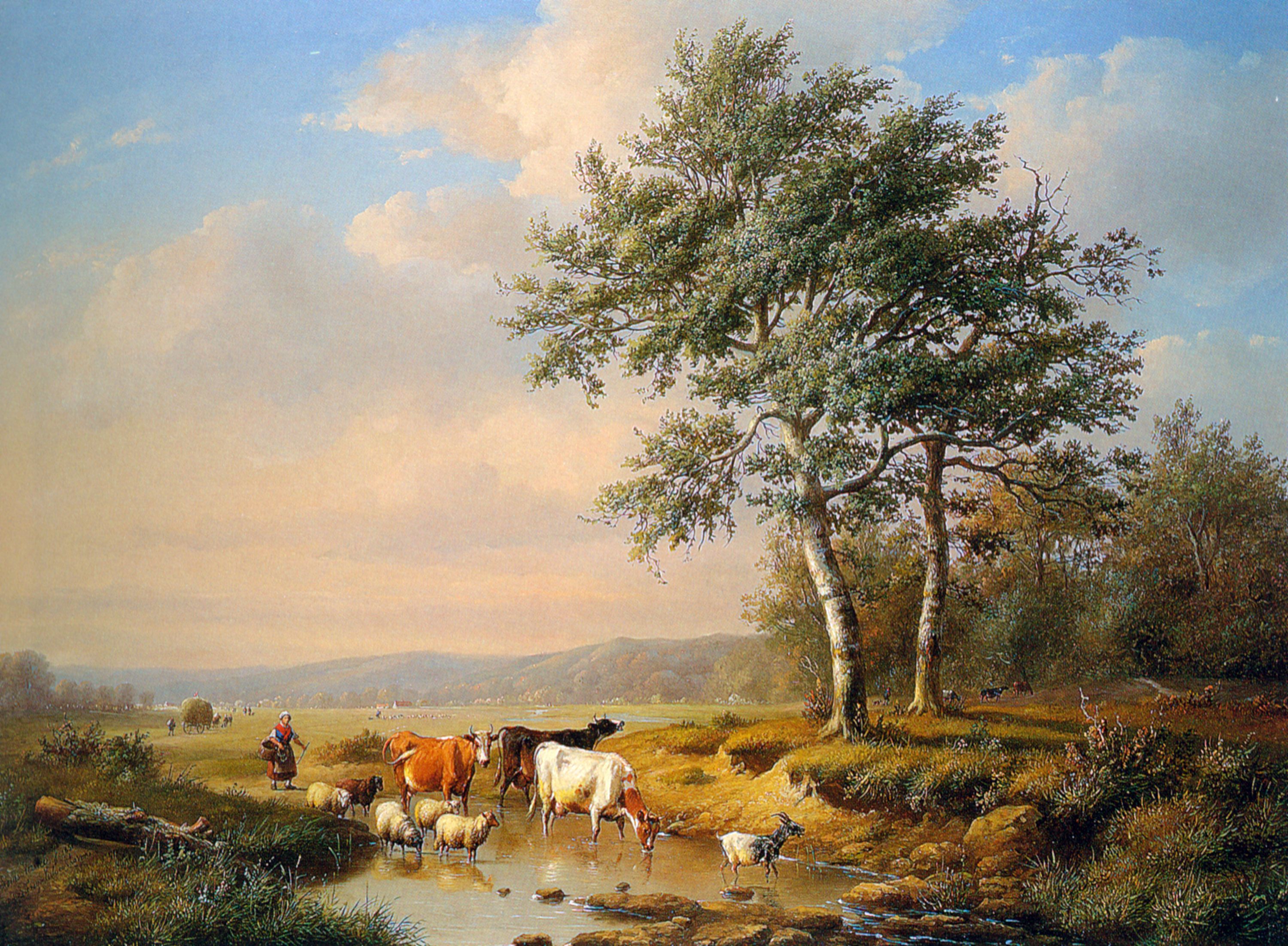 An Extensive Landscape with Cattle Watering by Louis Pierre Verwee