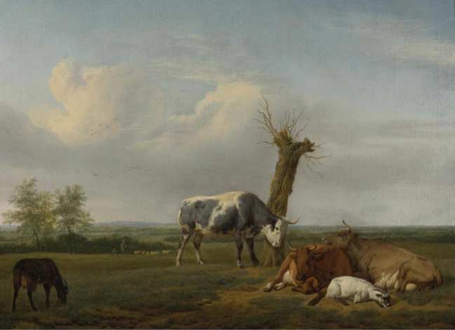 Cattle and Goats by a Pollard Tree in a Meadow Shepherd Boys Approaching Beyond by Adriaen van de Velde
