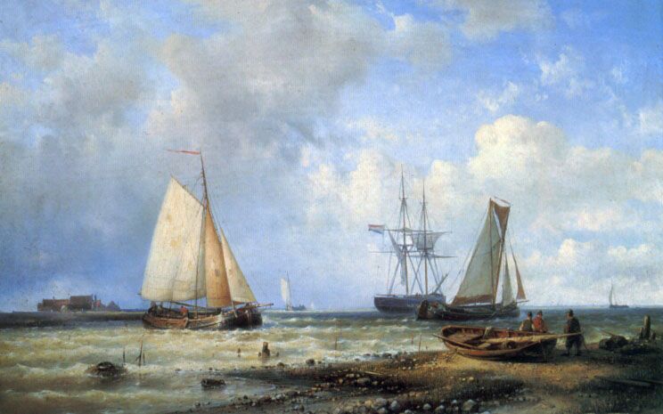 Fishing Vessels by the Shore by Louis Verboeckhoven