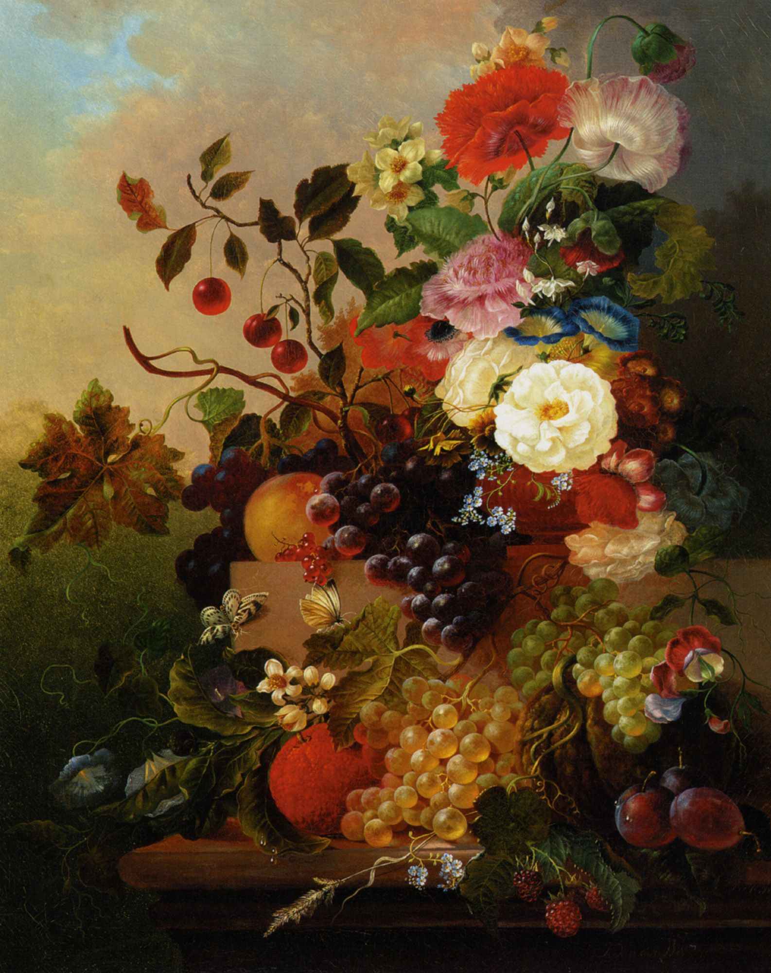 Poppies Peonies Roses and other Flowers with Grapes on a Marble Ledge by Jan Van Der Waarden