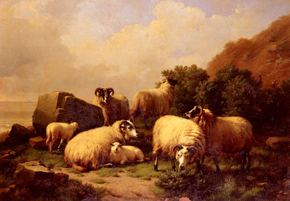 Sheep Grazing By The Coast by Eugene Verboeckhoven