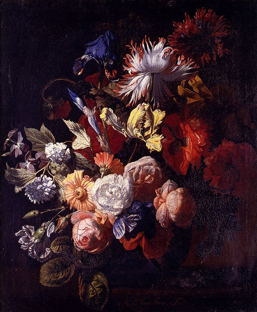 Still Life Of Irises Poppies Roses Tulips Peonies Snowballs And Other Flowers In A Vase On A Stone Ledge by Simon Pietersz Verelst