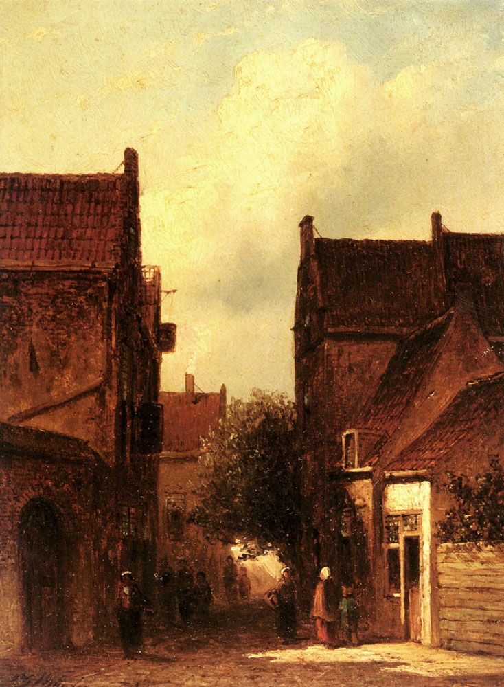 Street Scene With Figures Possibly Rotterdam by Pieter Gerard Vertin