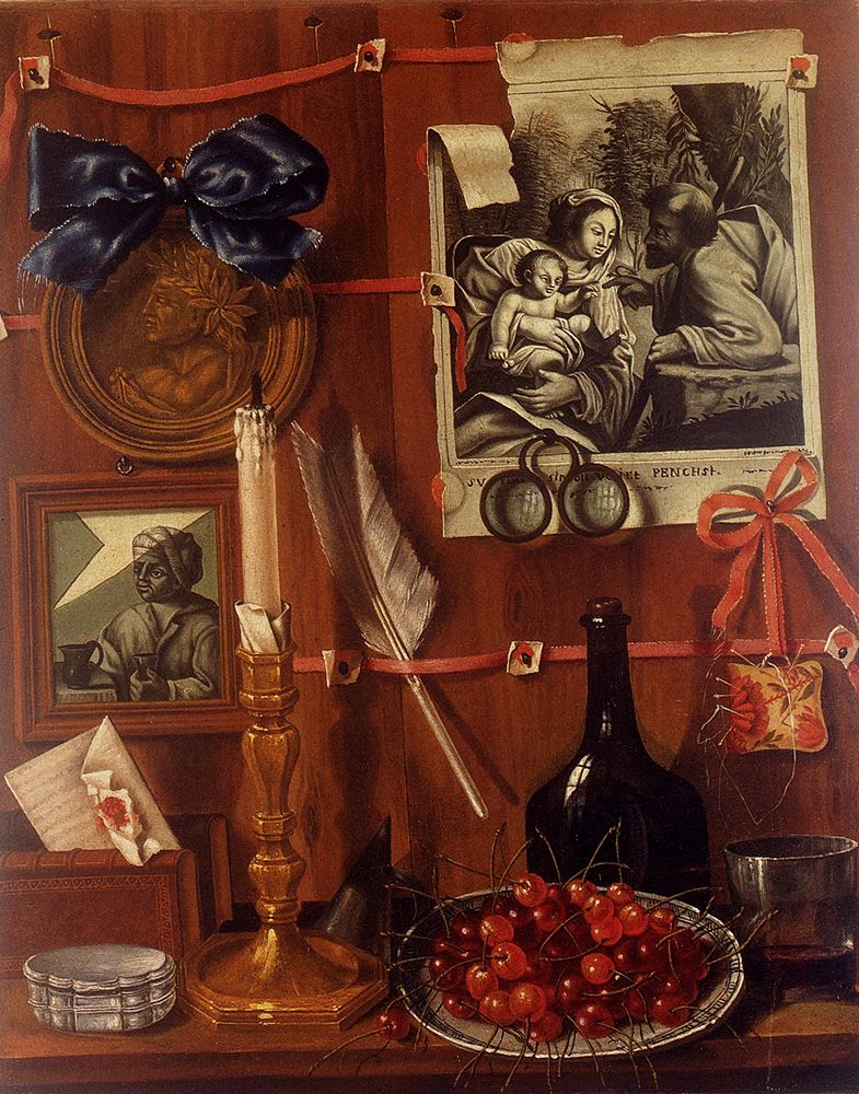 Trompe LOeil With A Basket Of Cherries On A Table And Engravings Tacked Up To A Wall by Jean Valette-Falgores