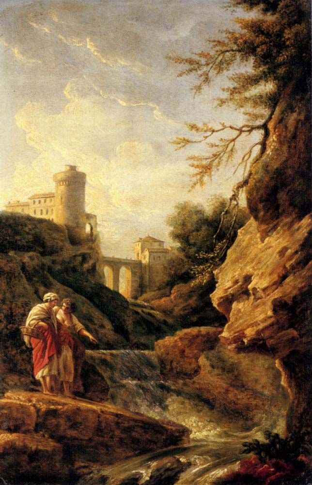 Two female peasants by a waterfall a town and aqueduct beyond by Claude Joseph Vernet