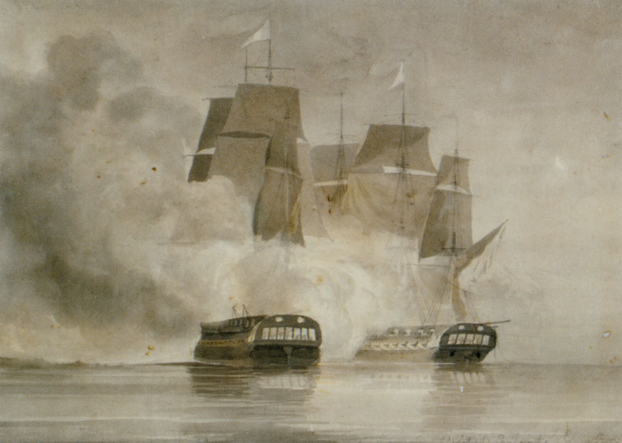 A drawn battle between the French frigate Arethuse and the British frigate Amelia by John Christian Schetky