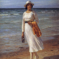 A lady walking on a beach by Niels Frederick Schiott Jensen