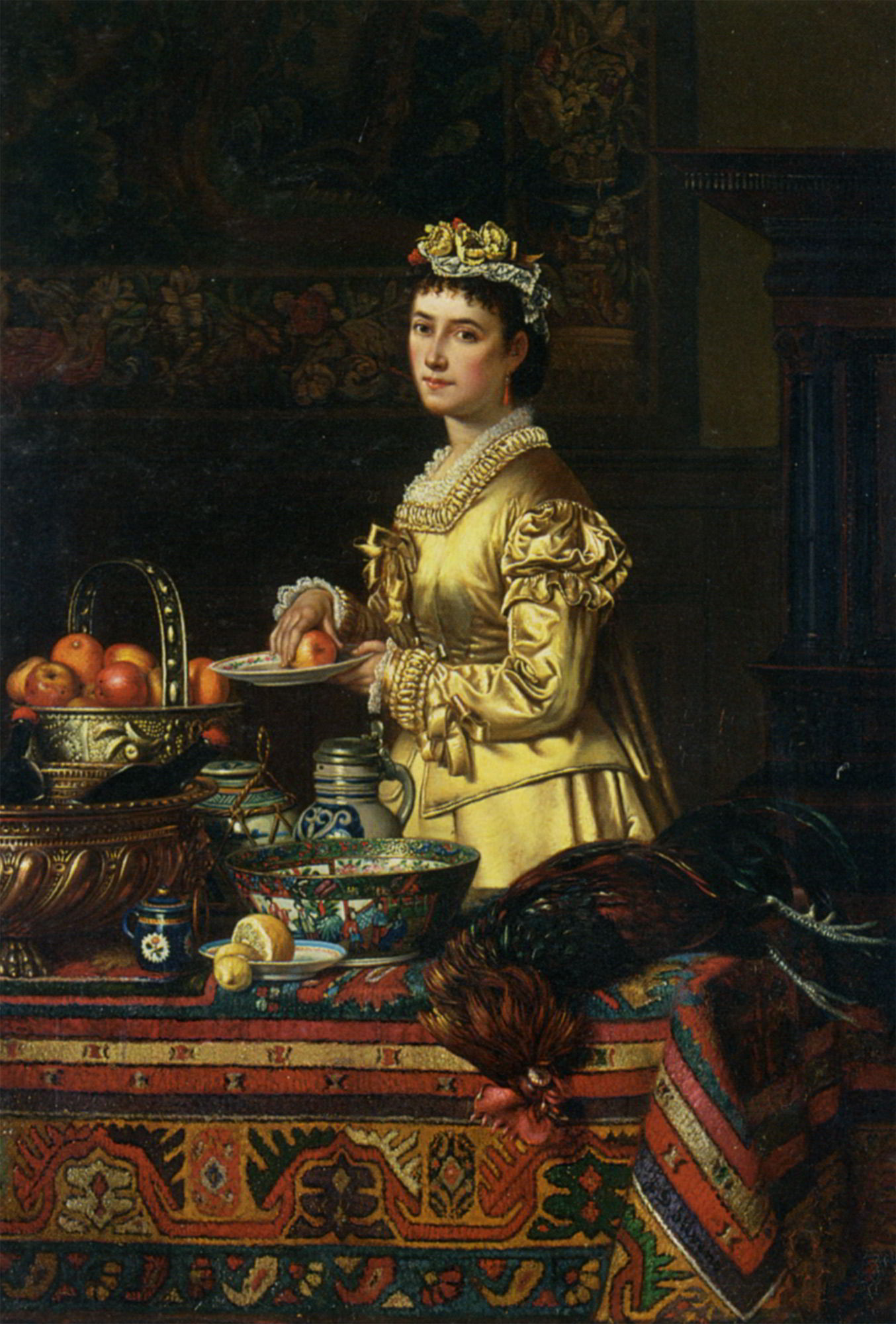 An interior with an elegent lady standing by a kitchen by Jean-Daniel Stevens