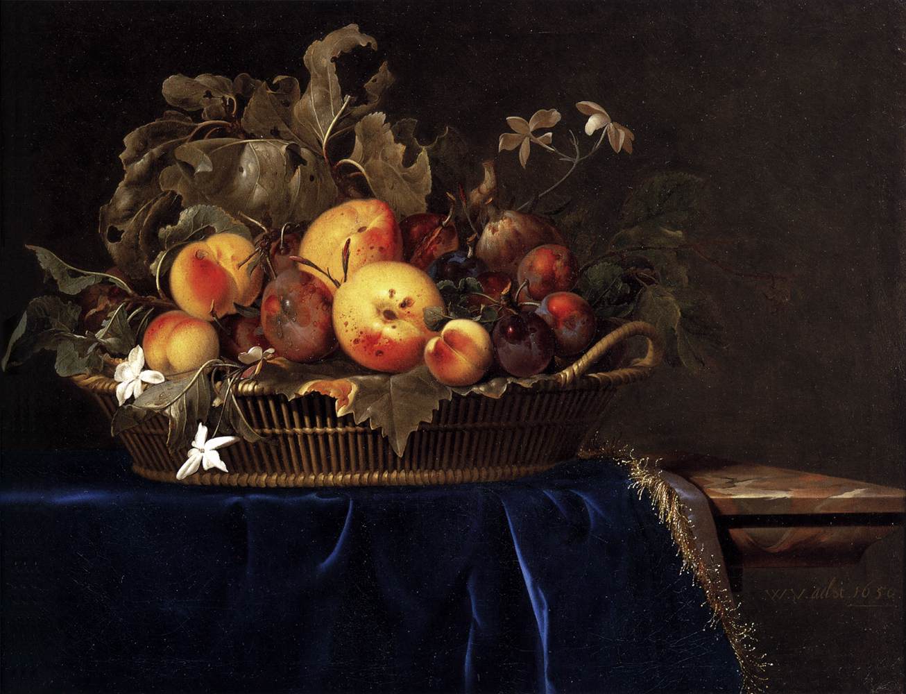 Still-Life with a Basket of Fruit on a Marble Ledge by Willem van Aelst
