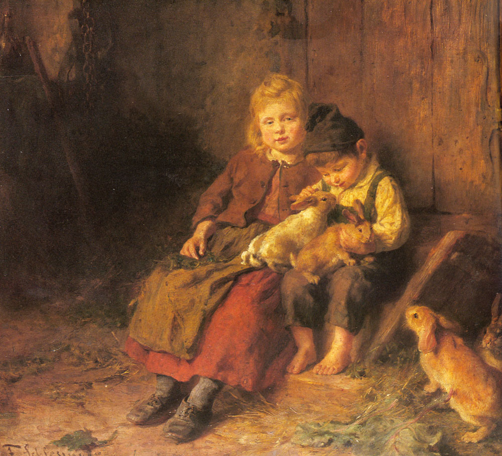 Two Children Playing with Rabbits by Felix Schlesinger