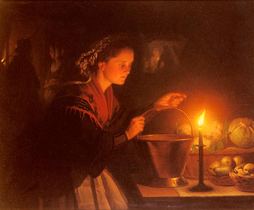 A Market Scene By Candlelight by Petrus Van Schendel
