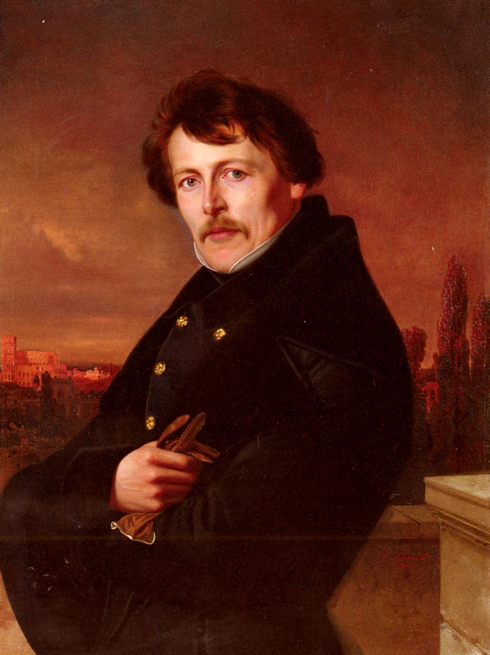 A Portrait Of A Gentleman, Rome In The Distance by Adolf Schmidt