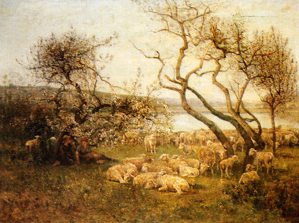 Tending The Flock In A Blossoming Landscape by Louis Aime Japy