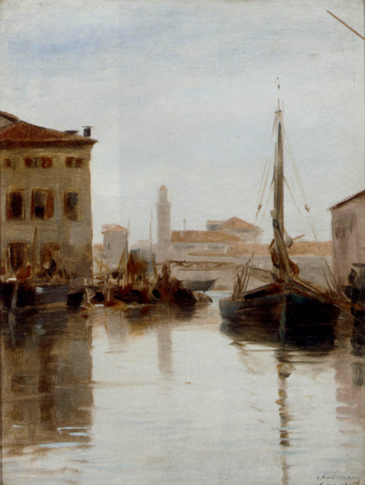 Vessels Moored On A Venetian Backwater by Adolf Schwartz