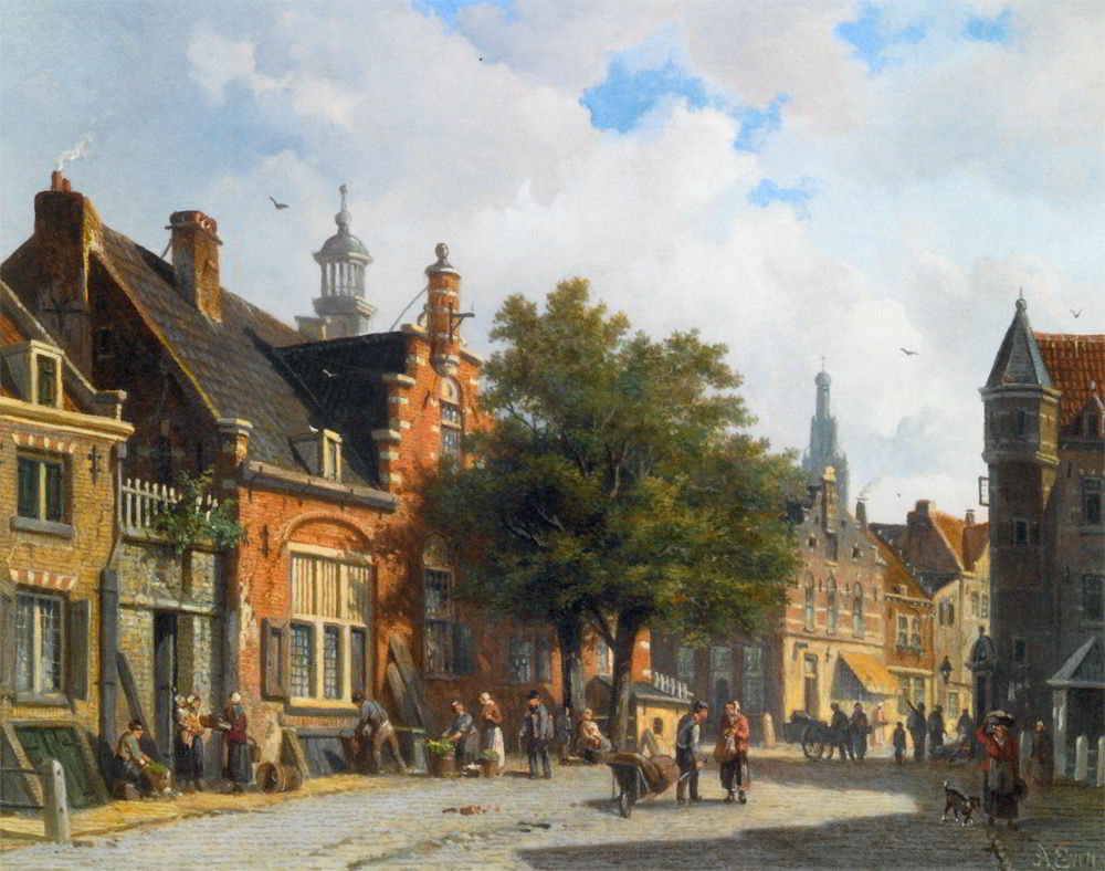 Figures in the Sunlit Streets of a Dutch Town by Adrianus Eversen