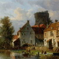 Many Figures in a Waterfront Town by Adrianus Eversen