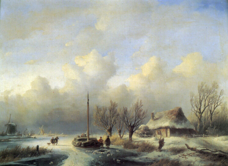 Figures in a winter landscape by Andreas Schelfhout
