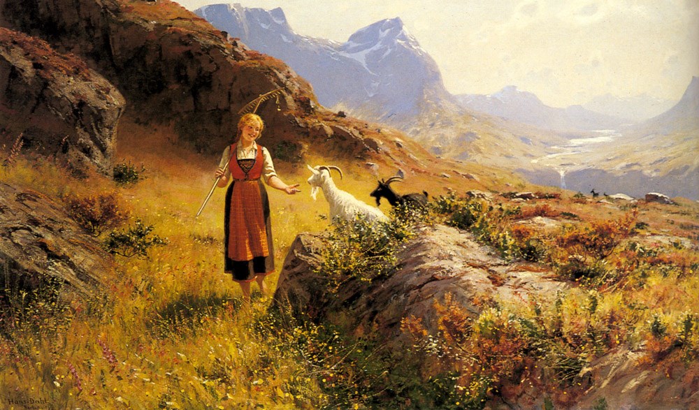 An Alpine Landscape with a Shepherdess and Goats by Hans Dahl