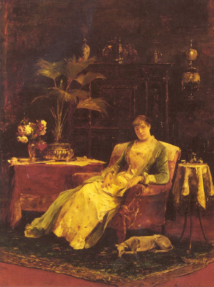 A lady seated in an Elegant Interior by Mihaly Munkacsy