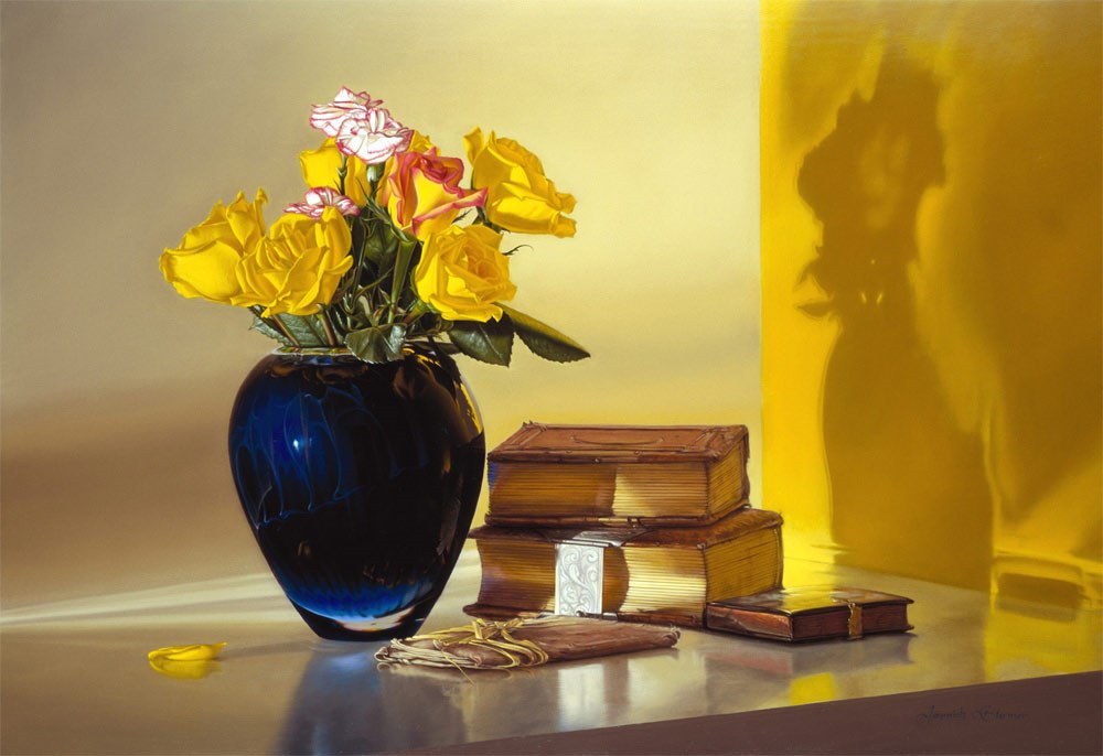 Yellow Roses, Blue Vase & Antique Books by Jeremiah Stermer