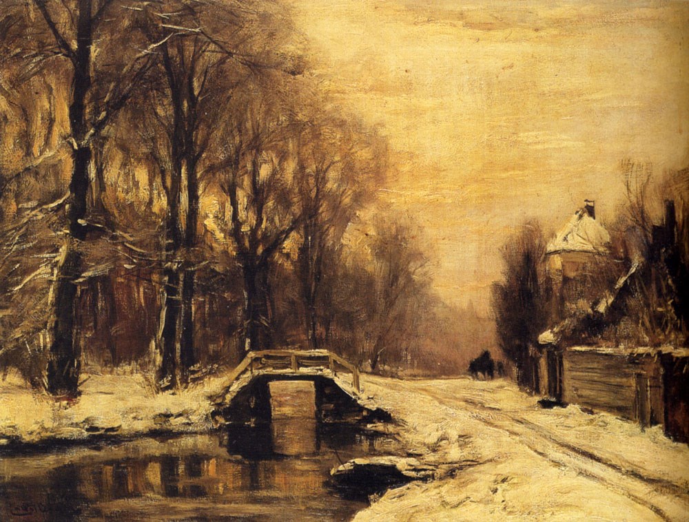 A Snowcovered Forest With A Bridge Across A Stream by Louis Apol