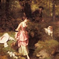 A Young Beauty Crossing a Brook with a Hunter Beyond by Emile Pierre Metzmacher