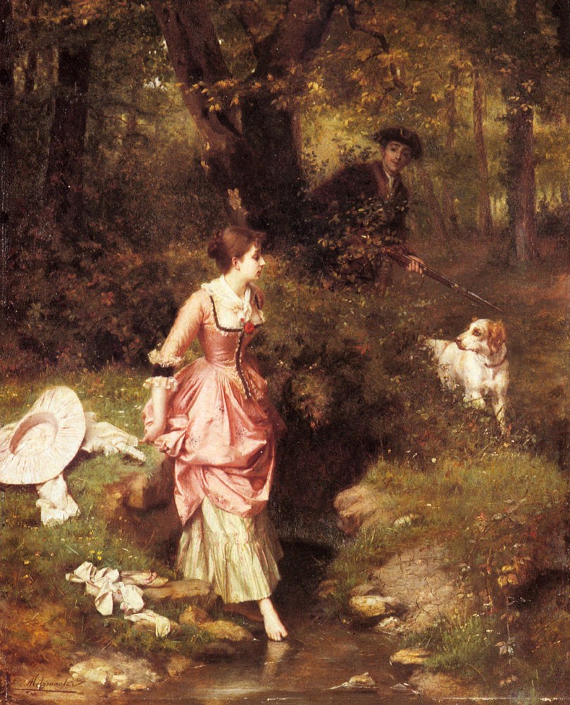 A Young Beauty Crossing a Brook with a Hunter Beyond by Emile Pierre Metzmacher