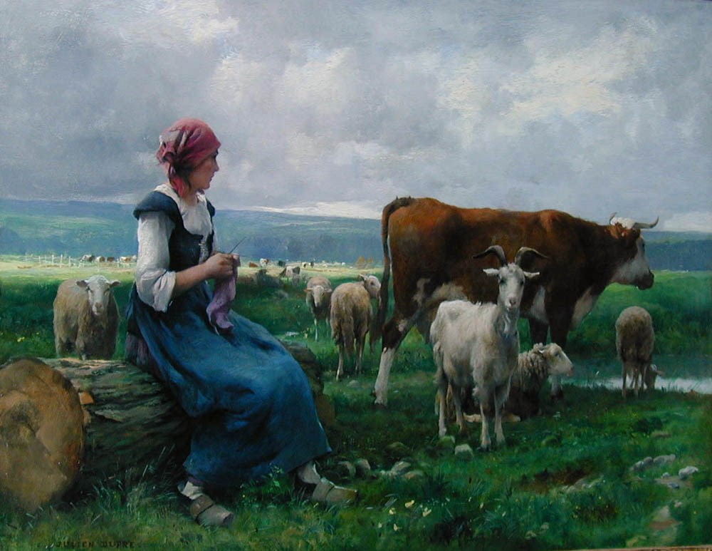 Shepherdess with Goat, Sheep and Cow by Julien Dupre