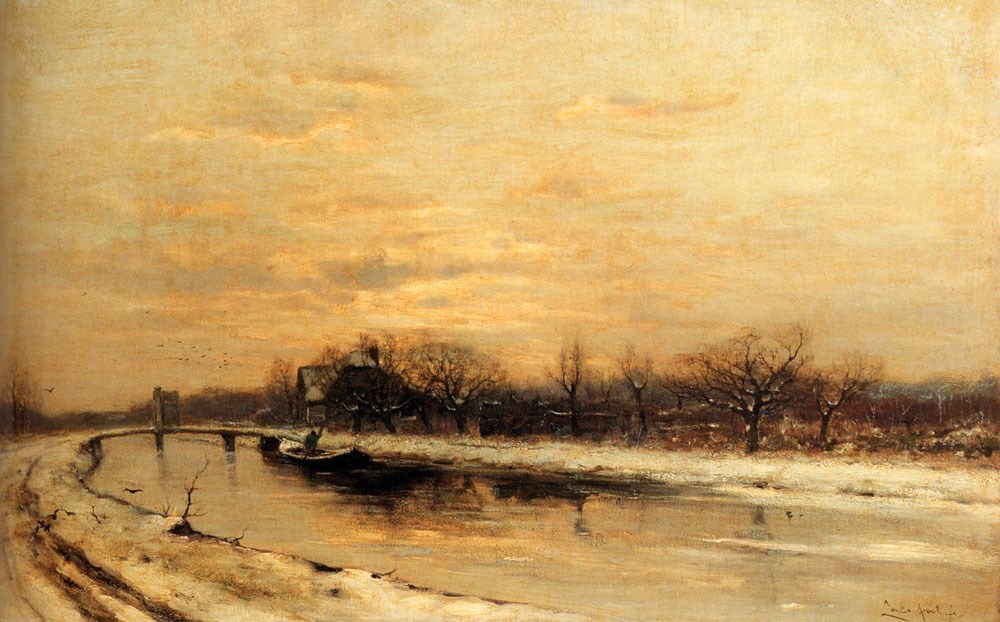 Winter: An Orchard Alongside A Canal With A Farmhouse In The Distance At Dusk by Louis Apol