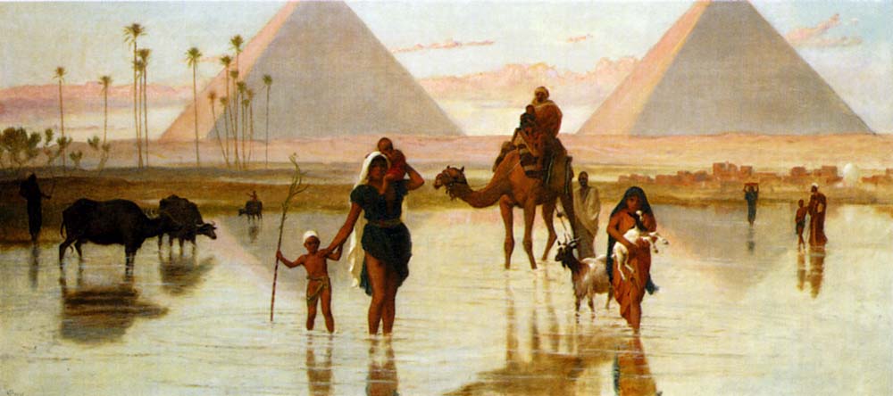 Arabs Crossing A Flooded Field By The Pyramids by Frederick Goodall