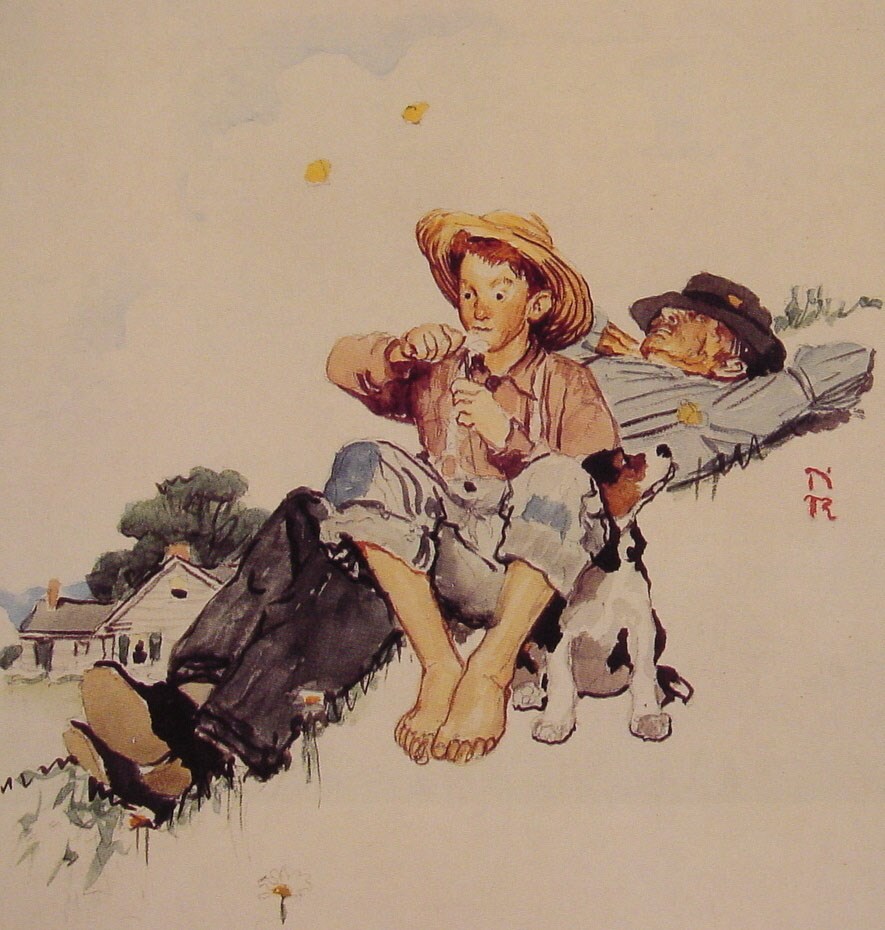 Grandpa and Me picking daisies by Norman Rockwell