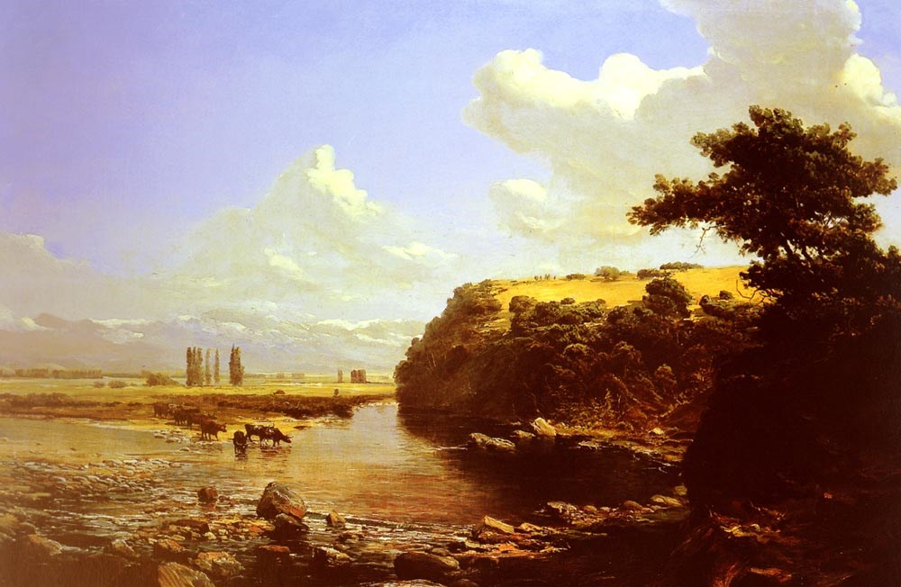 Cattle watering in a River Landscape believed to be Chile by Thomas Jacques Somerscales
